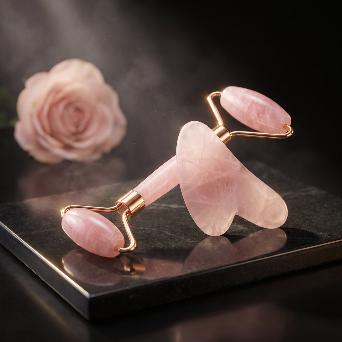 Set Gua Sha & Roller din cuarț roz · Piatră naturală · Cutie cadou