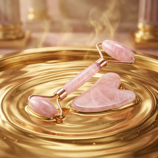 Set Gua Sha & Roller din cuarț roz · Piatră naturală · Cutie cadou