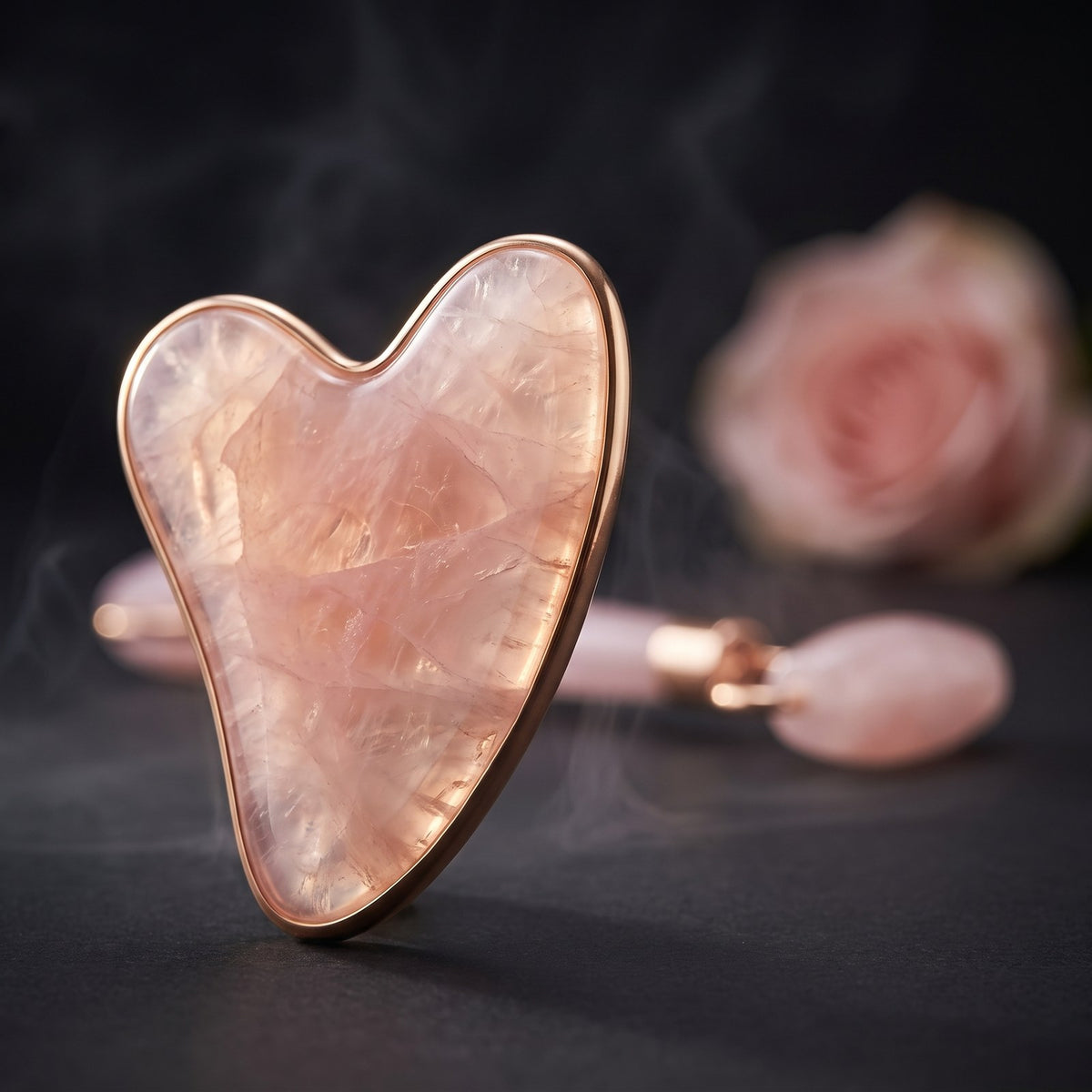 Set Gua Sha & Roller din cuarț roz · Piatră naturală · Cutie cadou