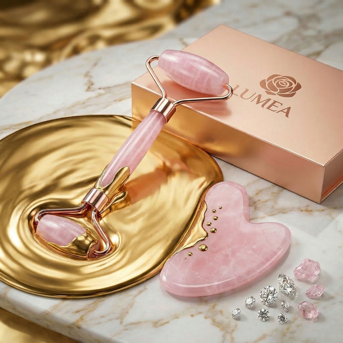 Set Gua Sha & Roller din cuarț roz · Piatră naturală · Cutie cadou